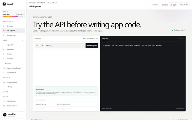Rendered BaseCLF API Explorer with request builder and protected response