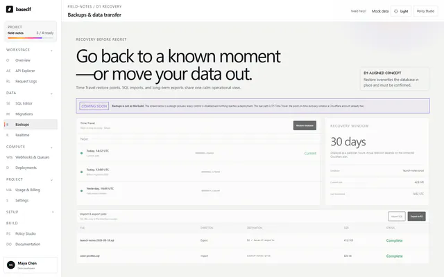 Rendered BaseCLF Backups and data transfer screen using mock data