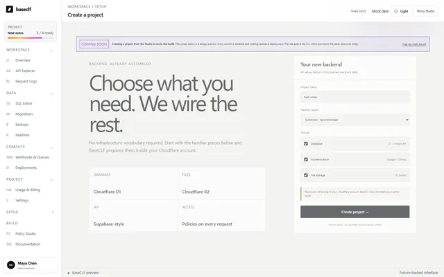 BaseCLF Studio create project screen using mock data and showing simple backend choices