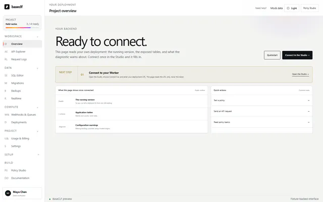 BaseCLF Studio project overview using mock data, showing the next setup step, connected backend services, activity, and quick actions