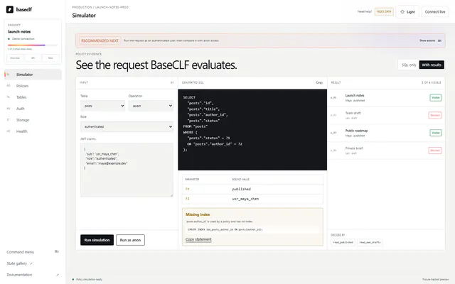 Rendered BaseCLF Policy Studio using mock data and comparing row access for two users