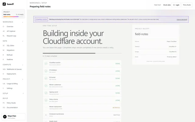 BaseCLF provisioning receipt using mock data and showing resources created inside the user's Cloudflare account
