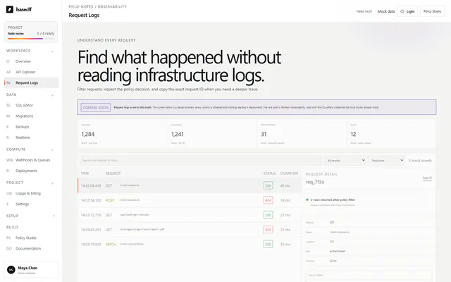 Rendered BaseCLF Request Logs screen using mock data